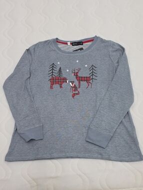 NWT Merry Lane Grey Long-Sleeve Top with Red Plaid Woodland Print